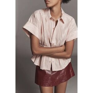 Anthropologie Pilcro The Bobbie Blouse Pink Rose Gold Lurex Stripe Fitted Waist